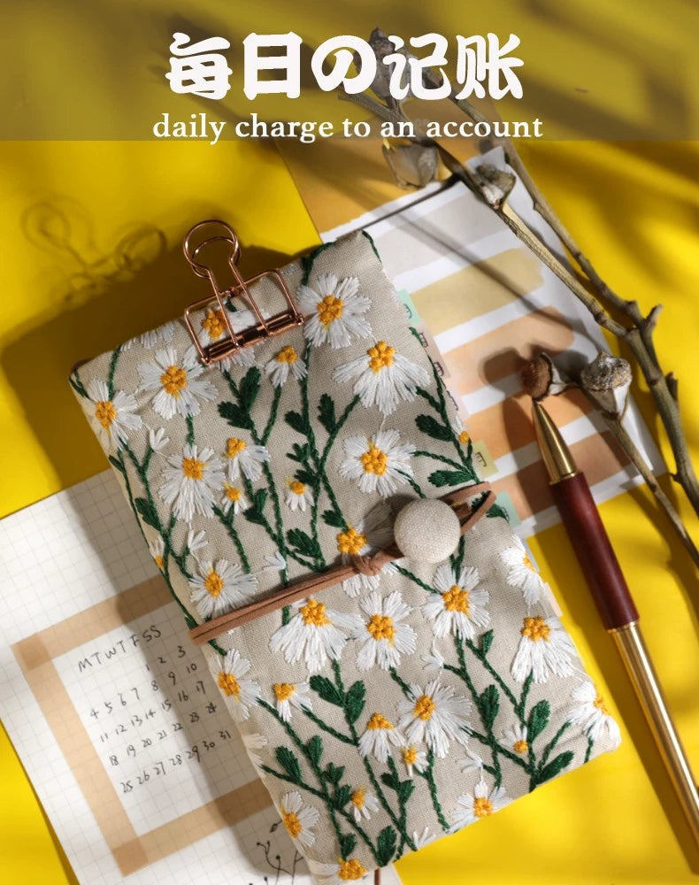 Embroidered Pocket Budget Planner & Expense Tracker Notebook with Pen and Binder Clip - Japanese Style Daily Financial Journal