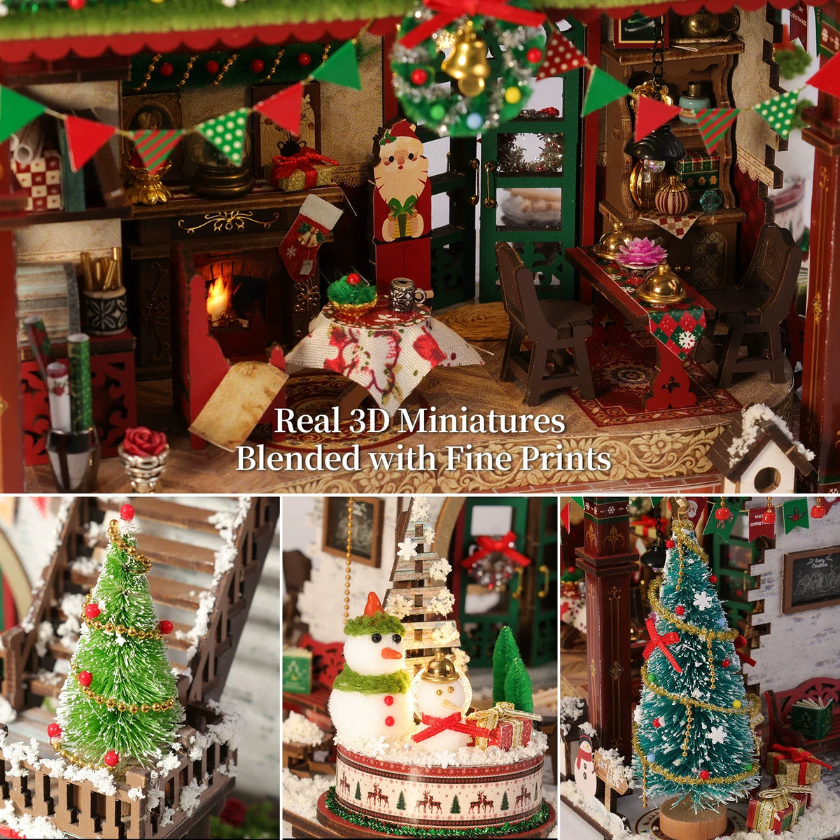 Winter Christmas Cabin Dollhouse Kit | DIY Wooden with LED