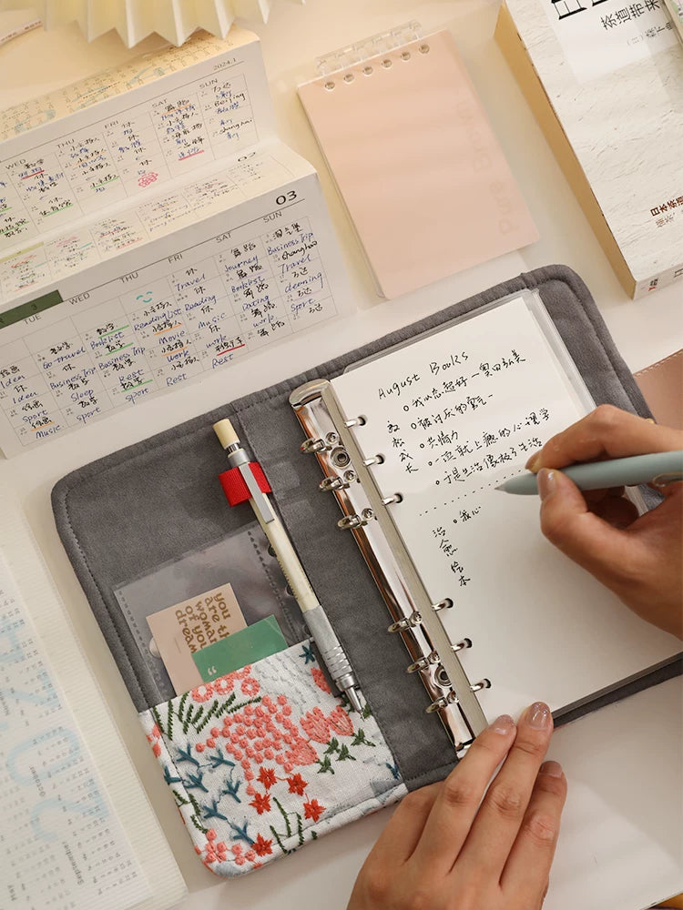 A6 Embroidered Daily Planner Refillable Binder Notebook Portable Schedule Journal To-Do List Time Management Book