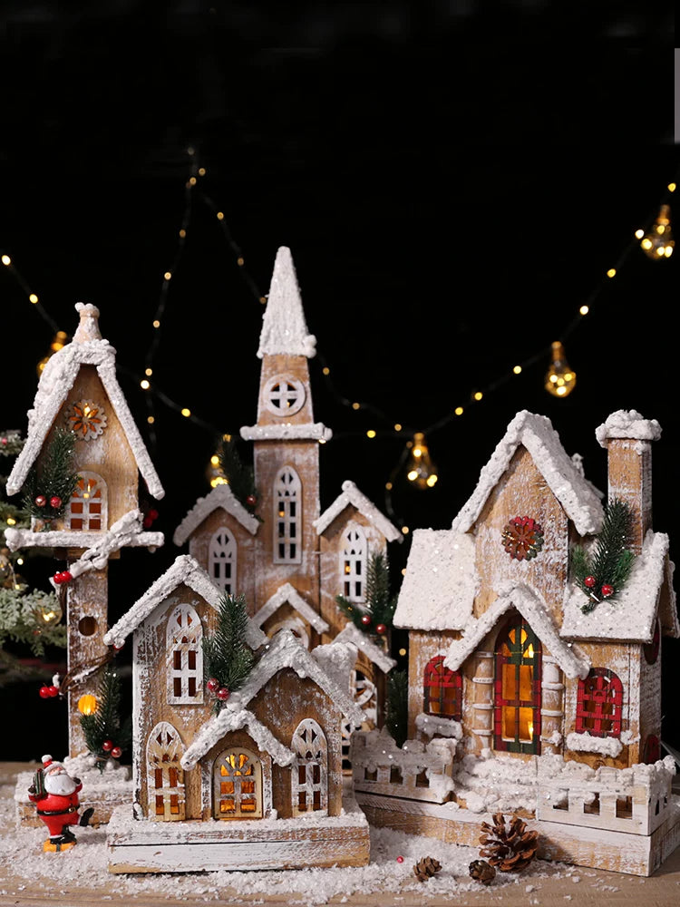 Nordic Vintage Wooden Christmas House with Warm LED Light - Rustic Snow Cabin Holiday Tabletop Decor & Gift