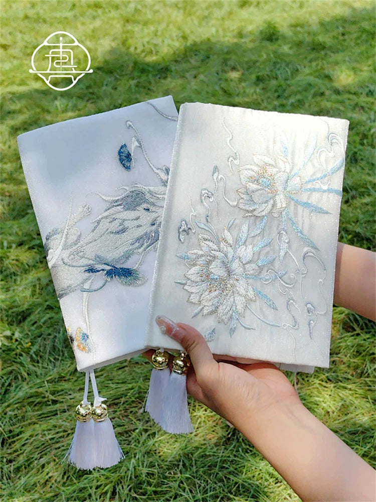 Handmade Embroidered Book Cover & Journal Set, Vintage Fabric Notebook Sleeve A5 A6 Diary