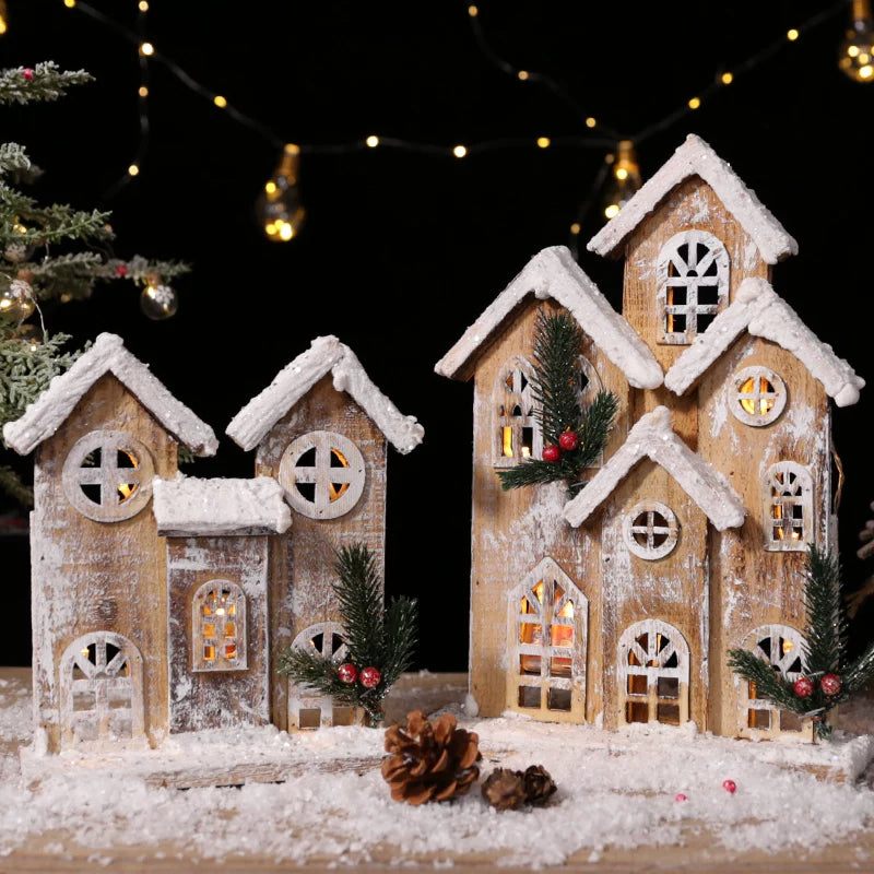 Nordic Vintage Wooden Christmas House with Warm LED Light - Rustic Snow Cabin Holiday Tabletop Decor & Gift