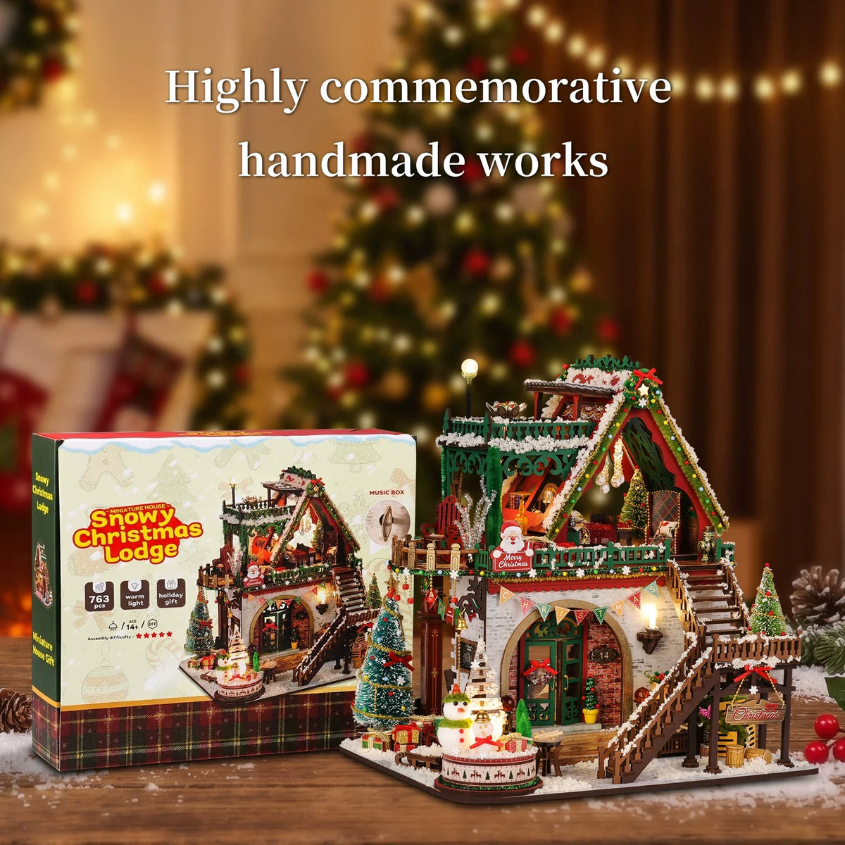 Winter Christmas Cabin Dollhouse Kit | DIY Wooden with LED