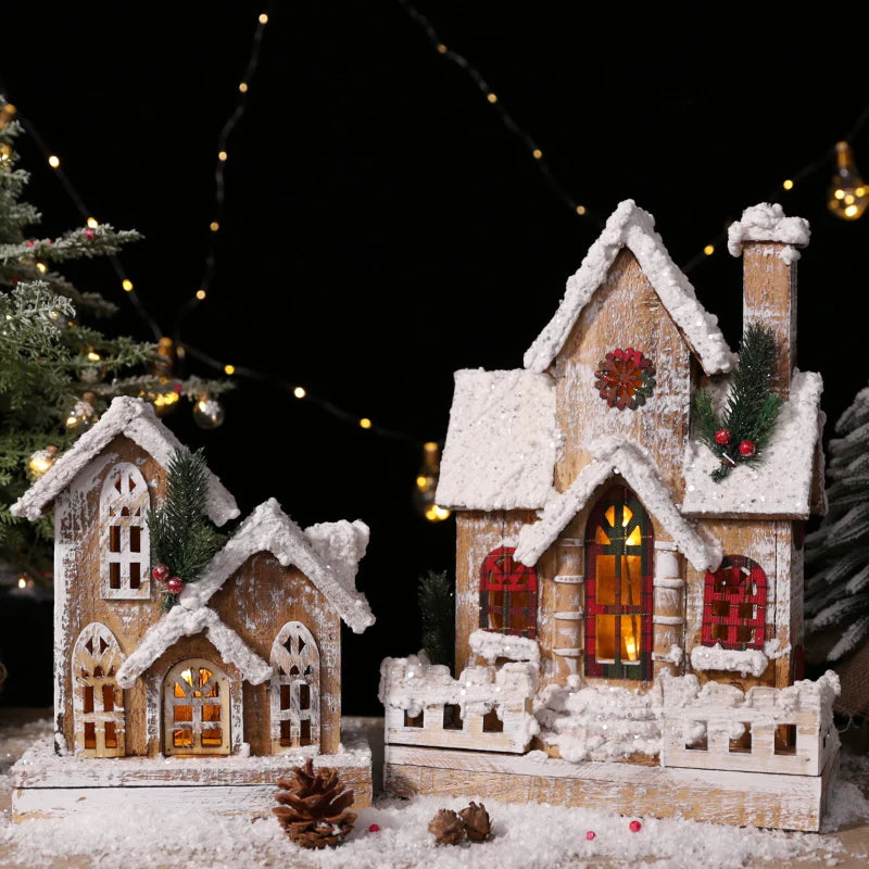 Nordic Vintage Wooden Christmas House with Warm LED Light - Rustic Snow Cabin Holiday Tabletop Decor & Gift
