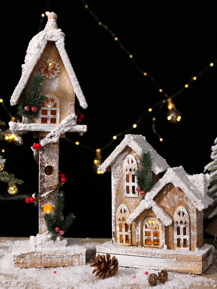 Nordic Vintage Wooden Christmas House with Warm LED Light - Rustic Snow Cabin Holiday Tabletop Decor & Gift