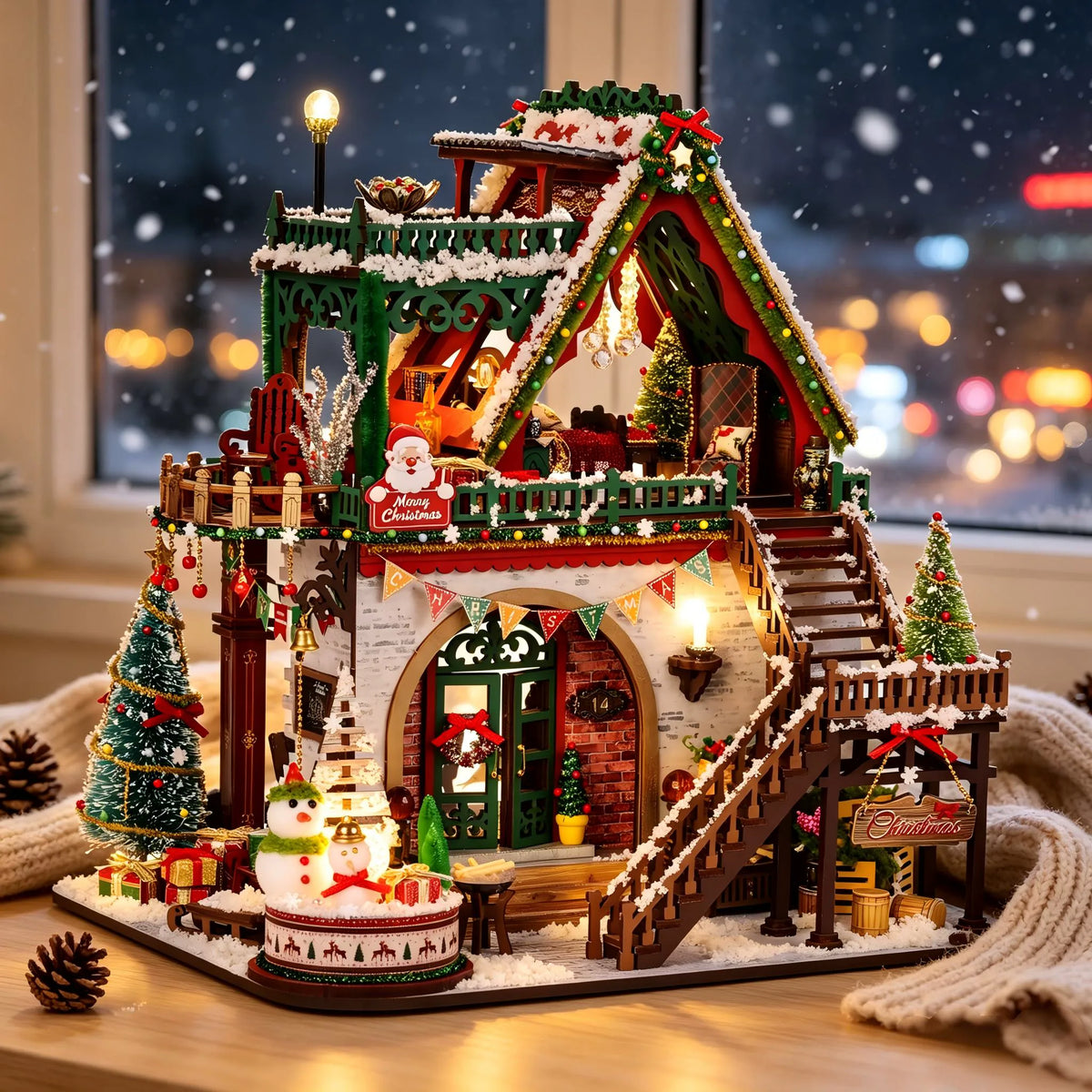 Winter Christmas Cabin Dollhouse Kit | DIY Wooden with LED