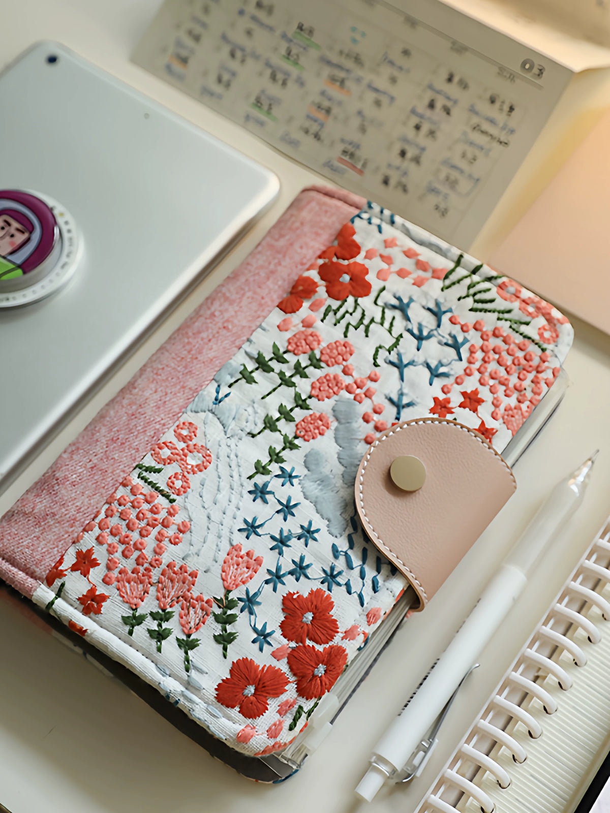 A6 Embroidered Daily Planner Refillable Binder Notebook Portable Schedule Journal To-Do List Time Management Book