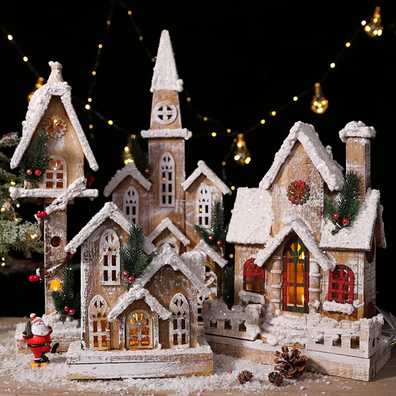 Nordic Vintage Wooden Christmas House with Warm LED Light - Rustic Snow Cabin Holiday Tabletop Decor & Gift