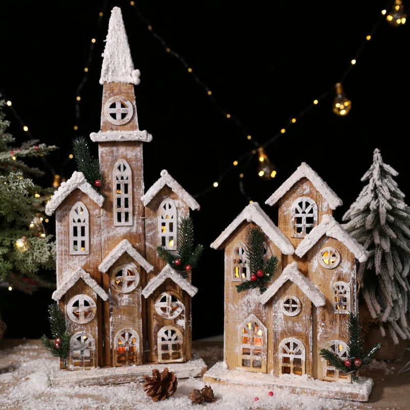 Nordic Vintage Wooden Christmas House with Warm LED Light - Rustic Snow Cabin Holiday Tabletop Decor & Gift
