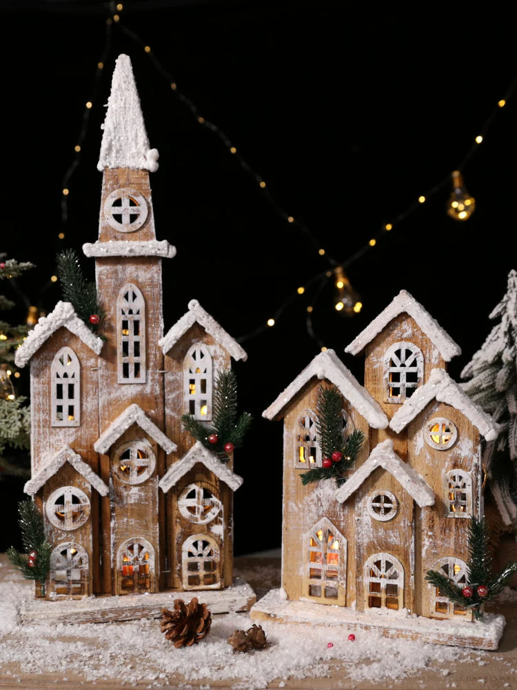Nordic Vintage Wooden Christmas House with Warm LED Light - Rustic Snow Cabin Holiday Tabletop Decor & Gift
