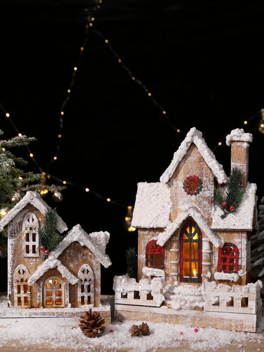 Nordic Vintage Wooden Christmas House with Warm LED Light - Rustic Snow Cabin Holiday Tabletop Decor & Gift