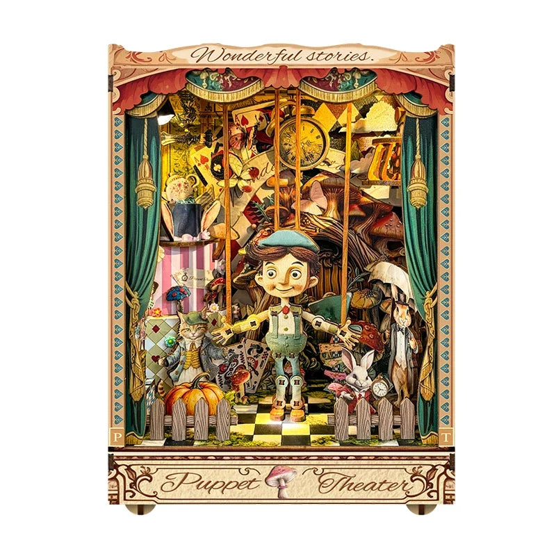 Pinocchio Puppet Theater DIY Book Nook Kit With LED Lights — detalied side view