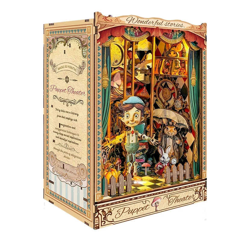 Pinocchio Puppet Theater DIY Book Nook Kit With LED Lights — open display view