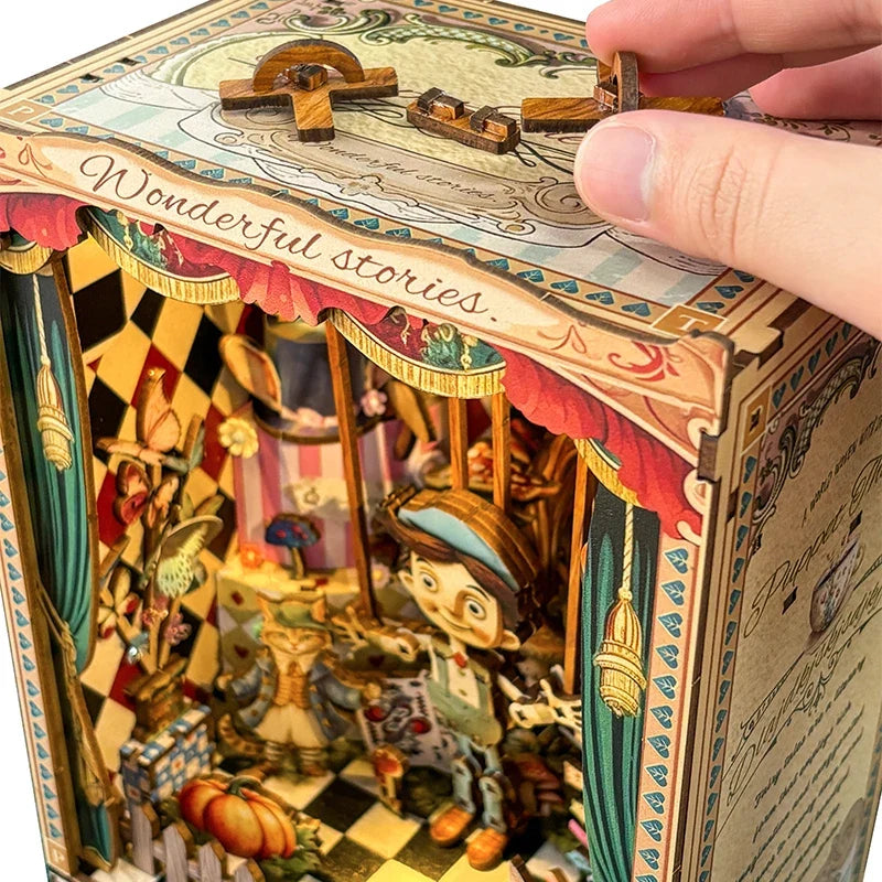 Pinocchio Puppet Theater DIY Book Nook Kit With LED Lights — angled close-up