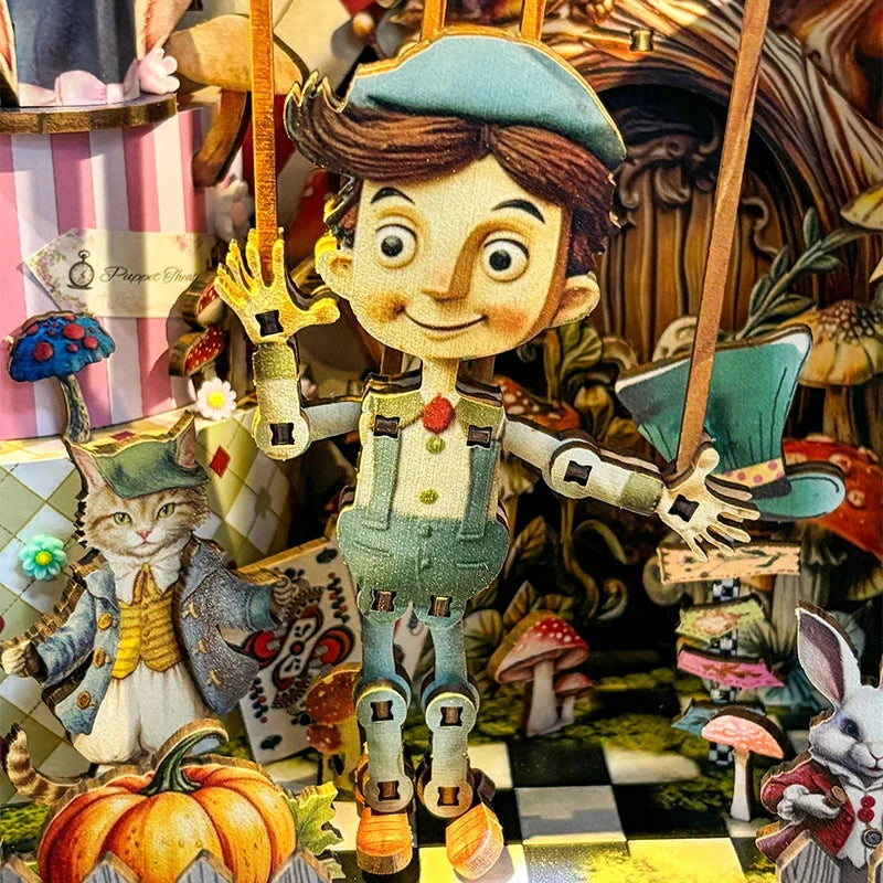 Pinocchio Puppet Theater DIY Book Nook Kit With LED Lights — front angle