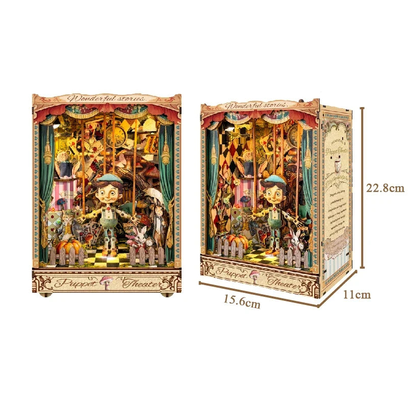 Pinocchio Puppet Theater DIY Book Nook Kit With LED Lights — scene view