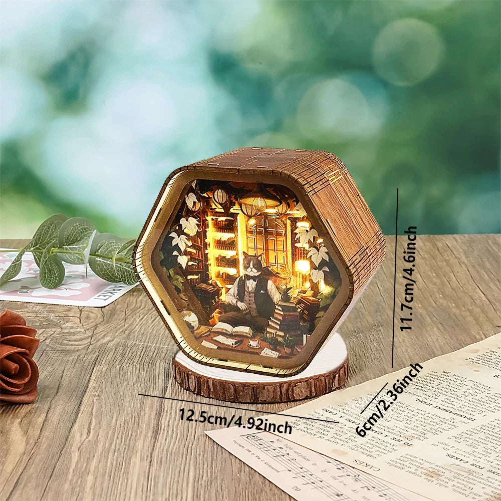 Professor Cat's Library DIY Wooden 3D Night Light Kit — detalied side view