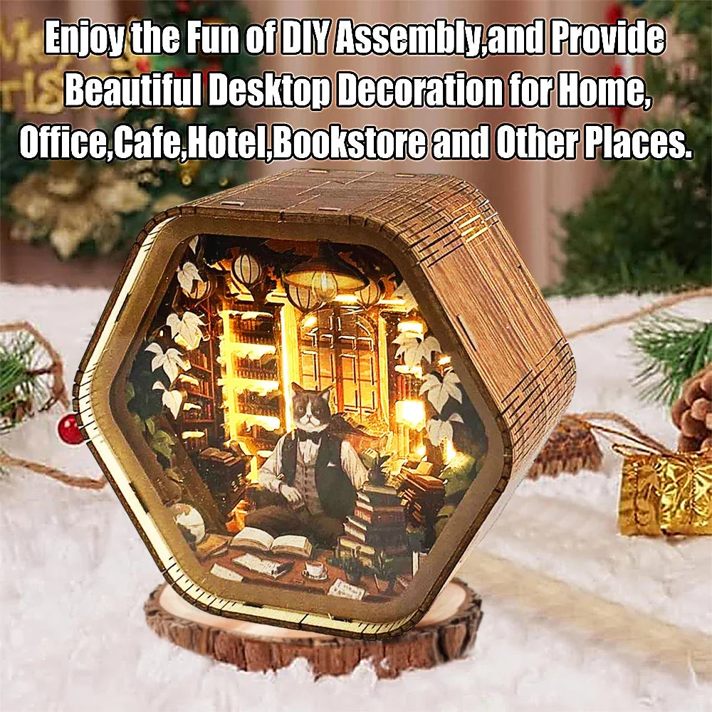 Professor Cat's Library DIY Wooden 3D Night Light Kit — open display view
