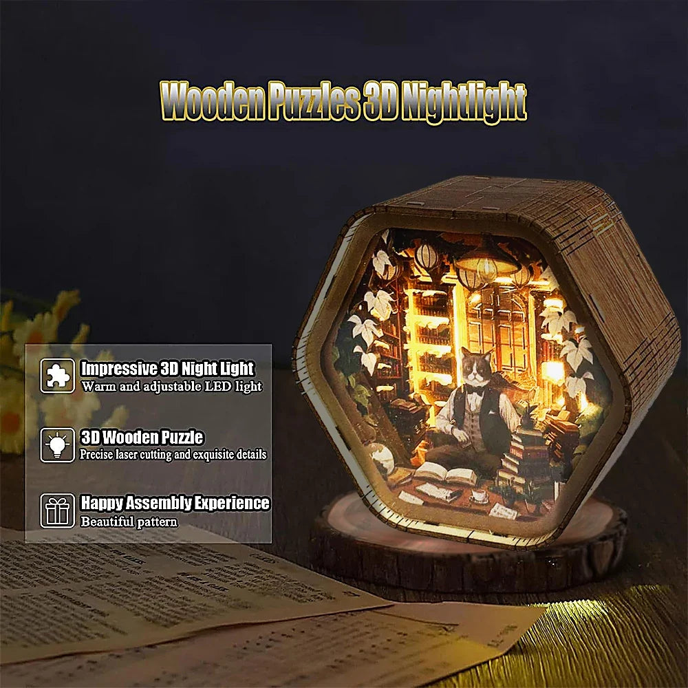 Professor Cat's Library DIY Wooden 3D Night Light Kit — angled close-up