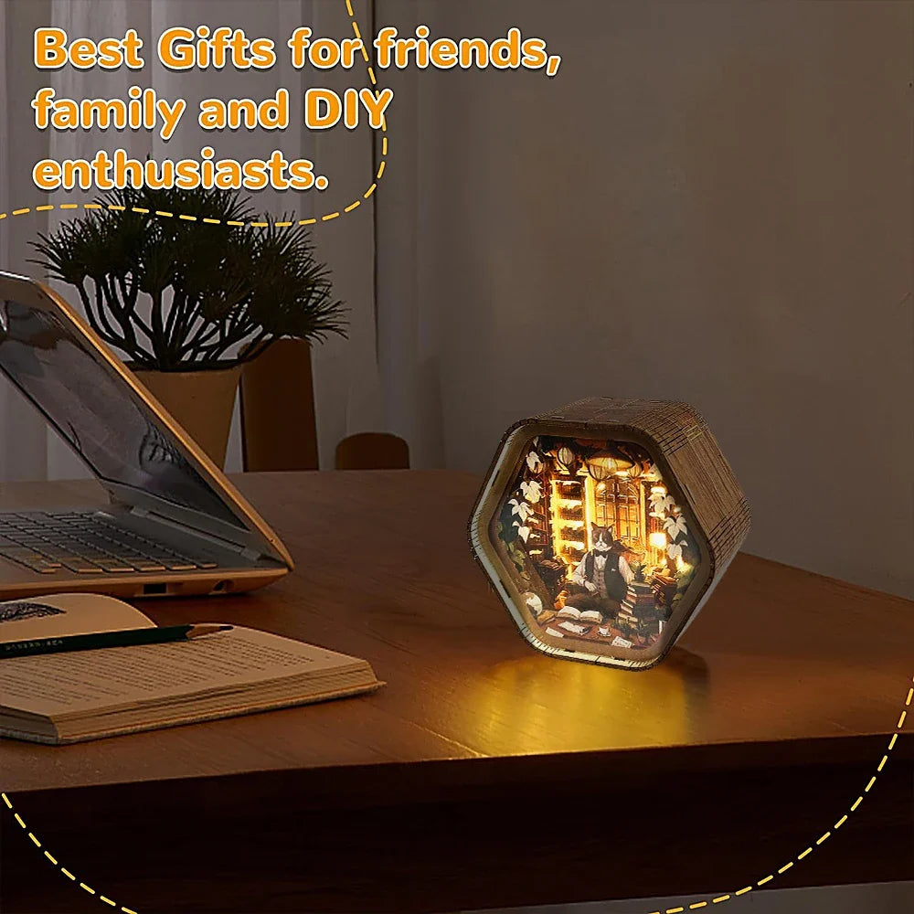 Professor Cat's Library DIY Wooden 3D Night Light Kit — front angle