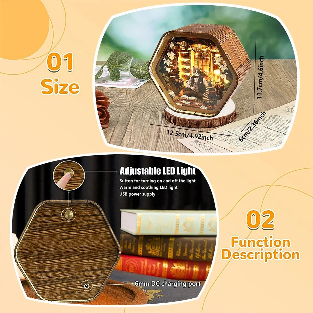 Professor Cat's Library DIY Wooden 3D Night Light Kit — detalied side view