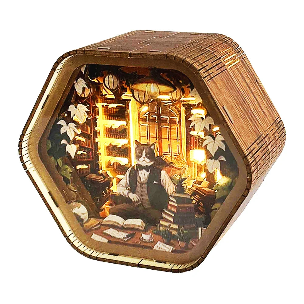 Professor Cat's Library DIY Wooden 3D Night Light Kit — angled close-up