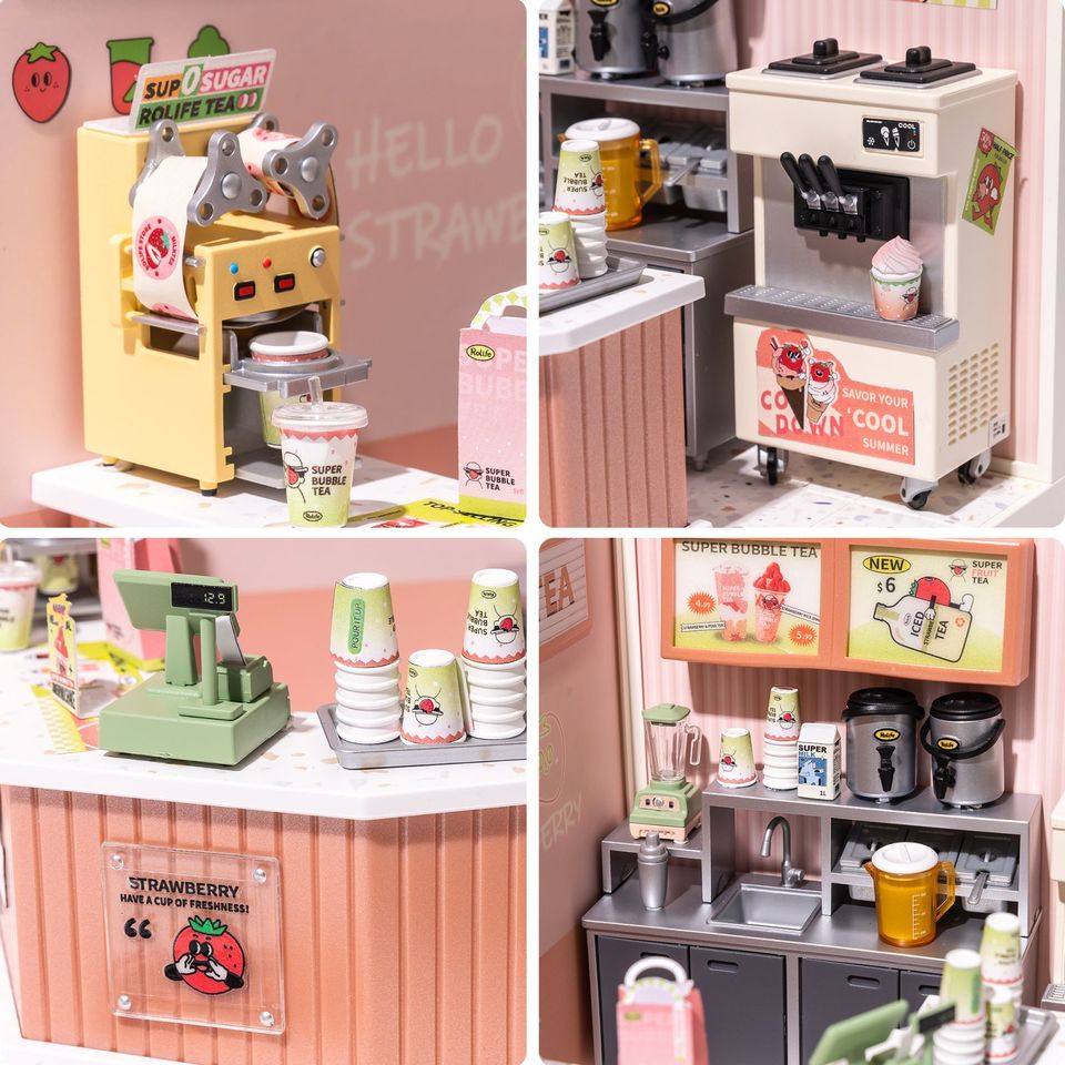 Robotime Rolife Miniature Bubble Tea House DIY Dollhouse Kit — angled close-up