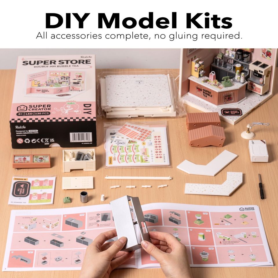 Robotime Rolife Miniature Bubble Tea House DIY Dollhouse Kit — open display view