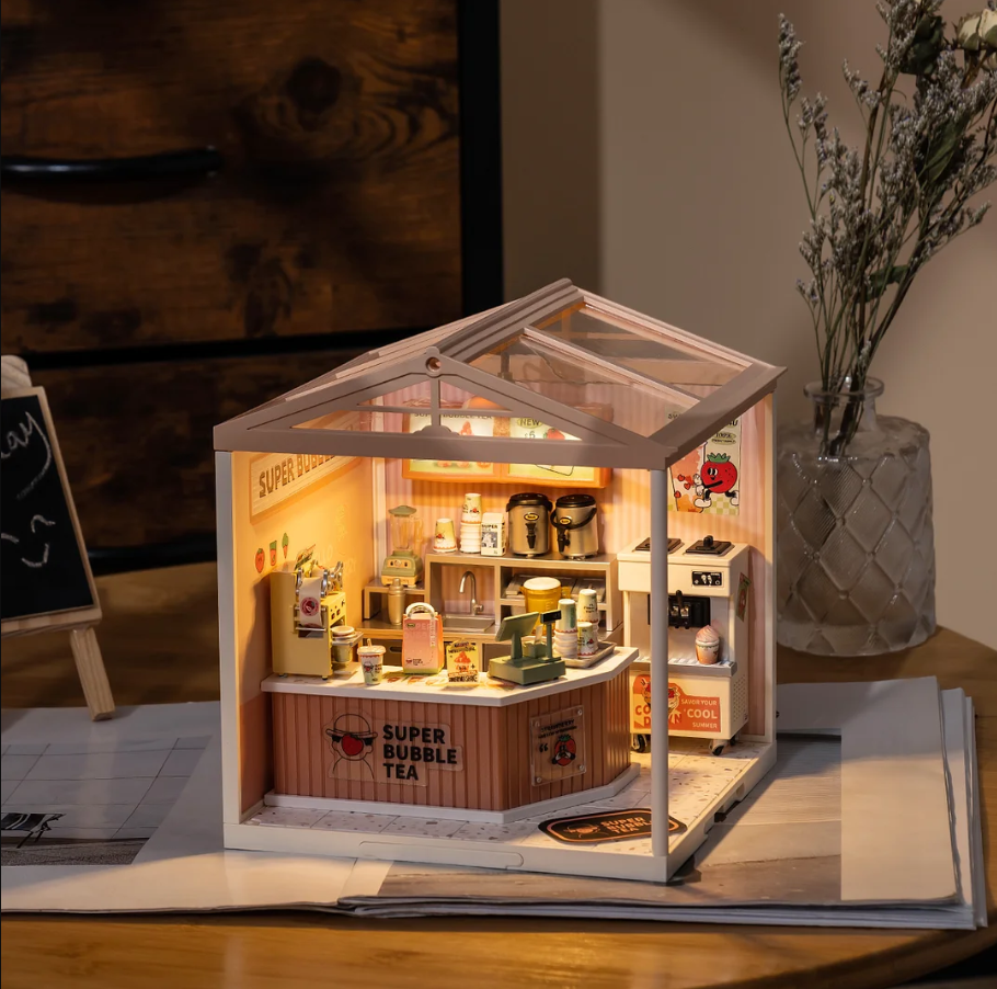 Robotime Rolife Miniature Bubble Tea House DIY Dollhouse Kit — detalied side view
