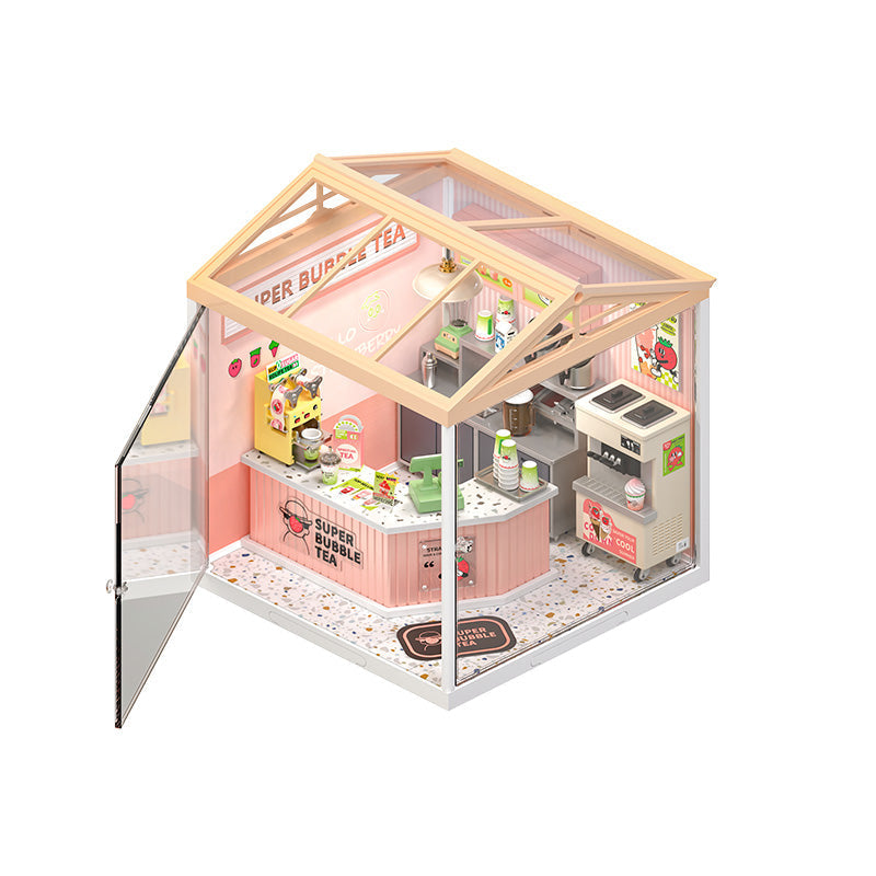 Robotime Rolife Miniature Bubble Tea House DIY Dollhouse Kit — open display view