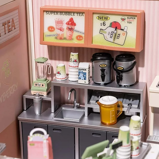 Robotime Rolife Miniature Bubble Tea House DIY Dollhouse Kit — front angle
