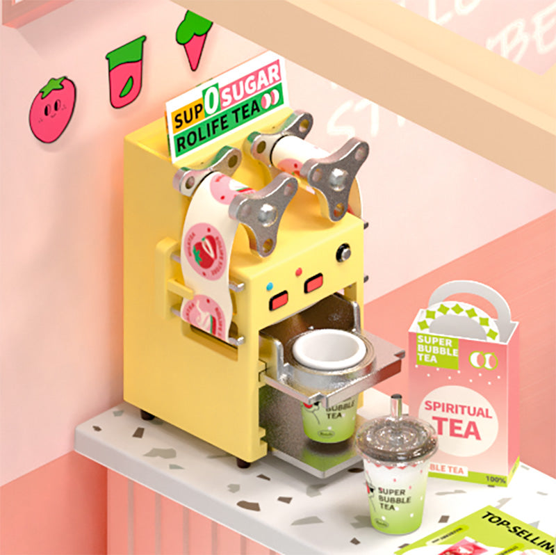Robotime Rolife Miniature Bubble Tea House DIY Dollhouse Kit — box and pieces