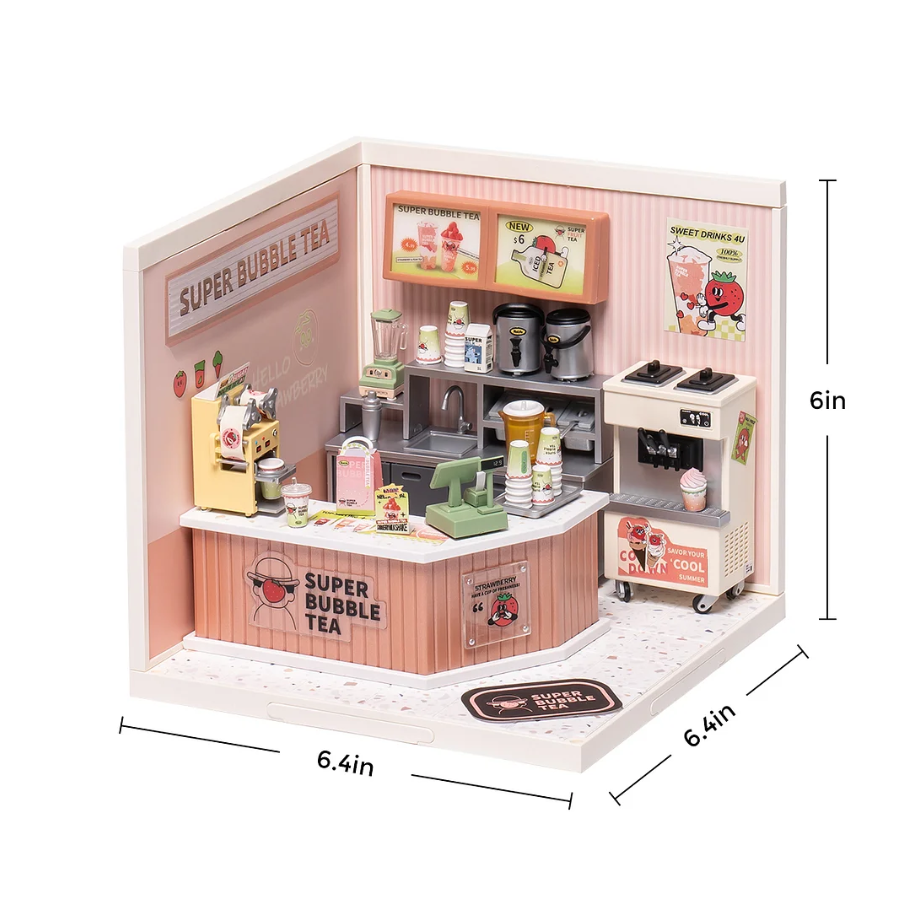Robotime Rolife Miniature Bubble Tea House DIY Dollhouse Kit — detalied side view