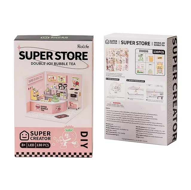Robotime Rolife Miniature Bubble Tea House DIY Dollhouse Kit — angled close-up