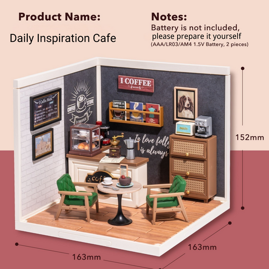 Robotime Daily Inspiration Cafe DIY Dollhouse Kit — detalied side view