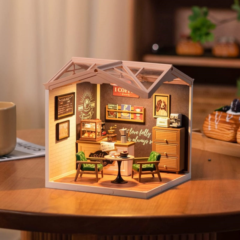 Robotime Daily Inspiration Cafe DIY Dollhouse Kit — open display view