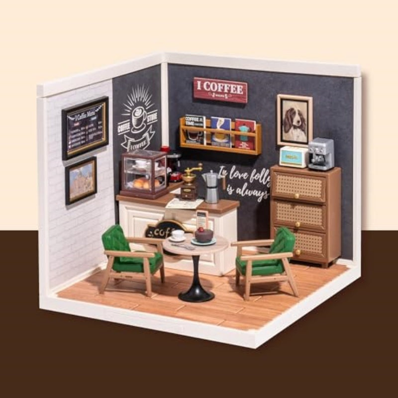 Robotime Daily Inspiration Cafe DIY Dollhouse Kit — angled close-up