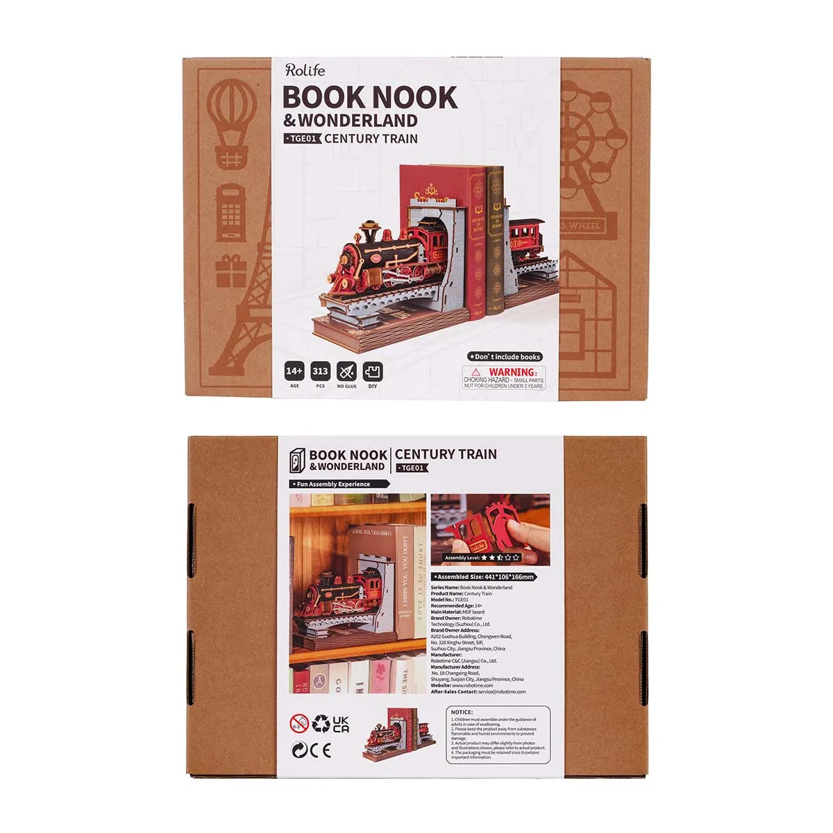 Robotime Rolife Century Train DIY Book Nook Kit — box and pieces