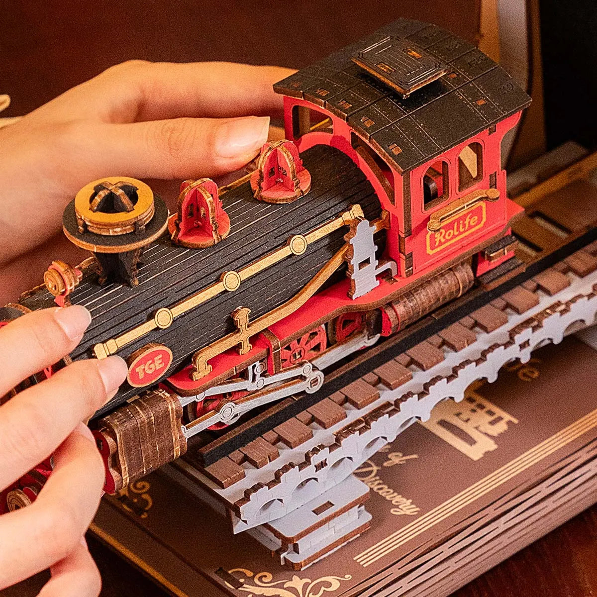Robotime Rolife Century Train DIY Book Nook Kit — angled close-up