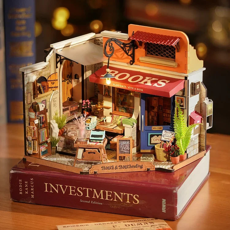 Robotime Rolife Corner Bookstore DIY Dollhouse Kit — detalied side view