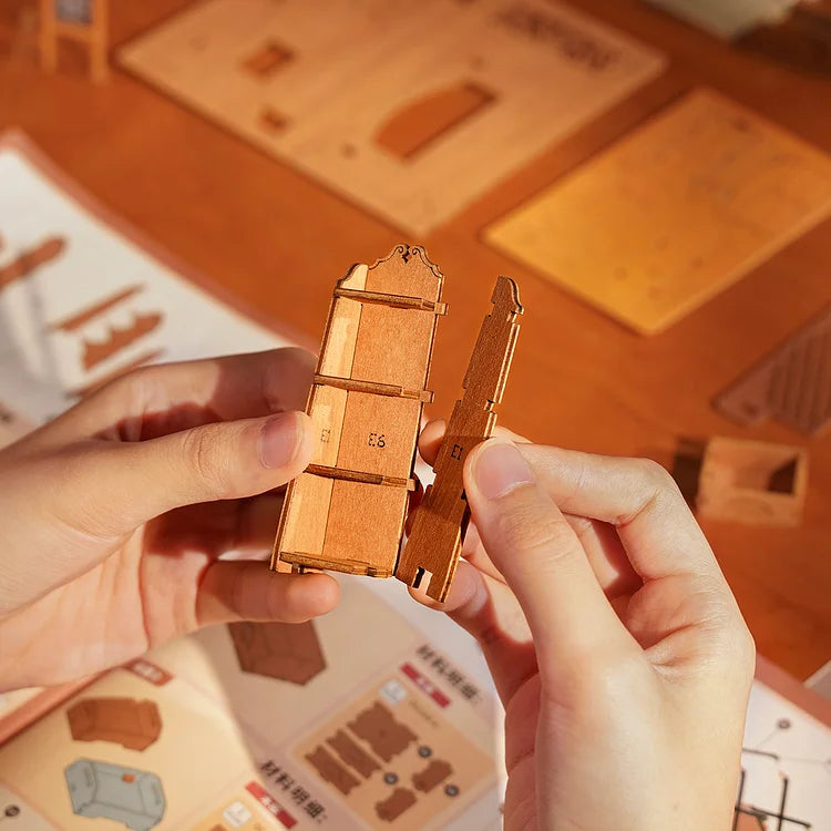 Robotime Rolife Corner Bookstore DIY Dollhouse Kit — angled close-up