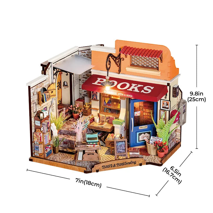 Robotime Rolife Corner Bookstore DIY Dollhouse Kit — box and pieces