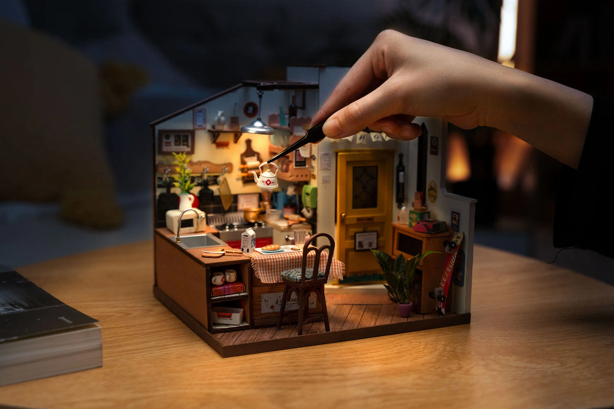 Robotime Rolife Cozy Kitchen DIY Dollhouse Kit — open display view