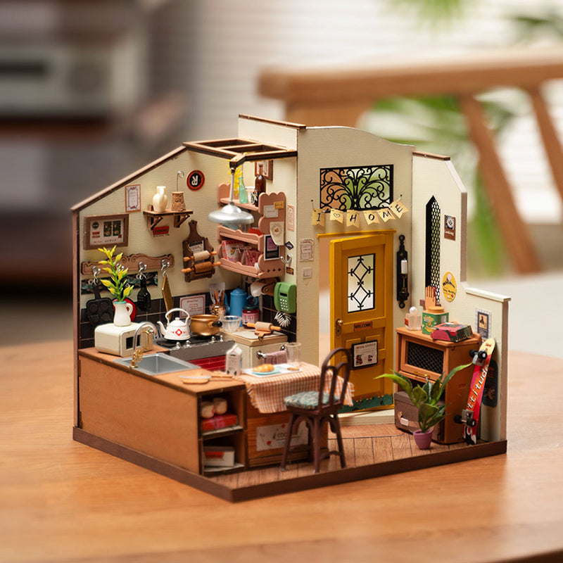 Robotime Rolife Cozy Kitchen DIY Dollhouse Kit — angled close-up