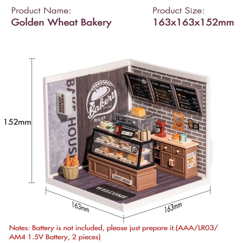 Robotime Rolife Golden Wheat Bakery DIY Dollhouse Kit — box and pieces