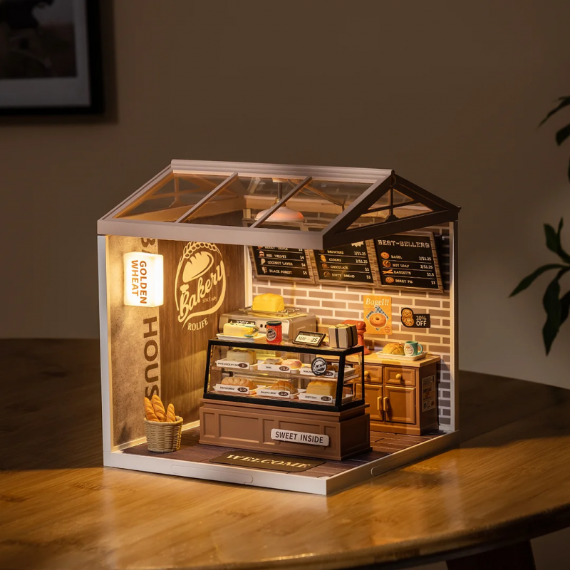 Robotime Rolife Golden Wheat Bakery DIY Dollhouse Kit — open display view