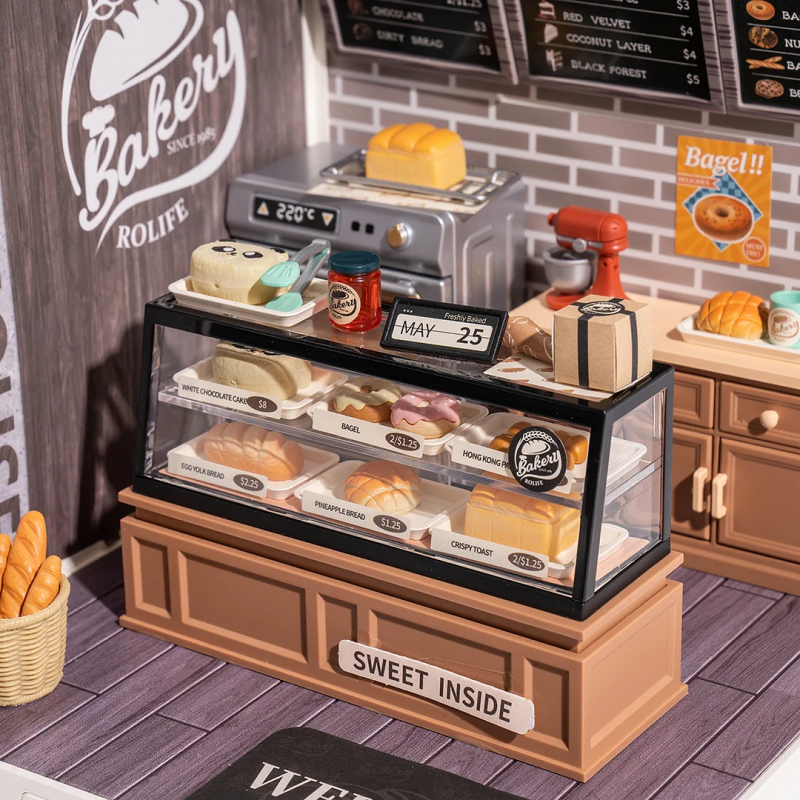Robotime Rolife Golden Wheat Bakery DIY Dollhouse Kit — angled close-up