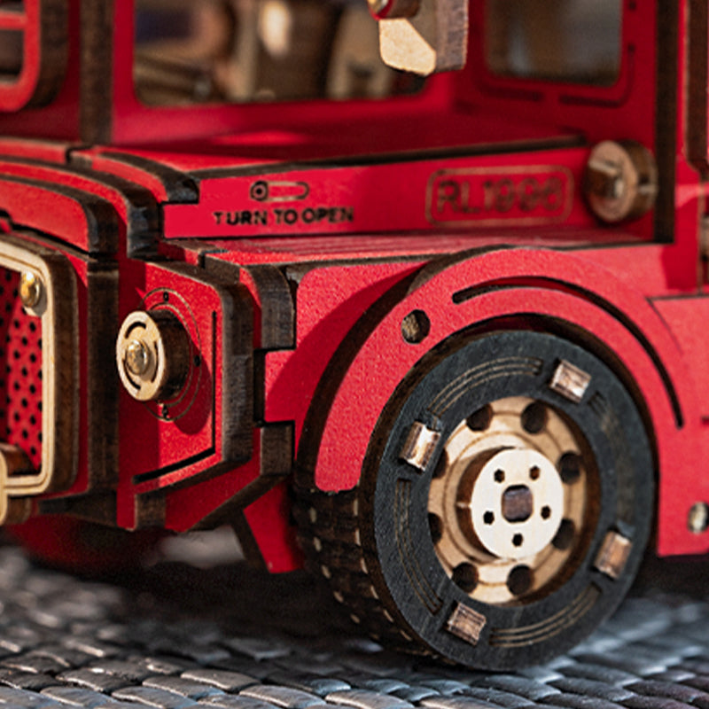 Robotime Rolife London Tour Bus DIY Miniature Kit — angled close-up