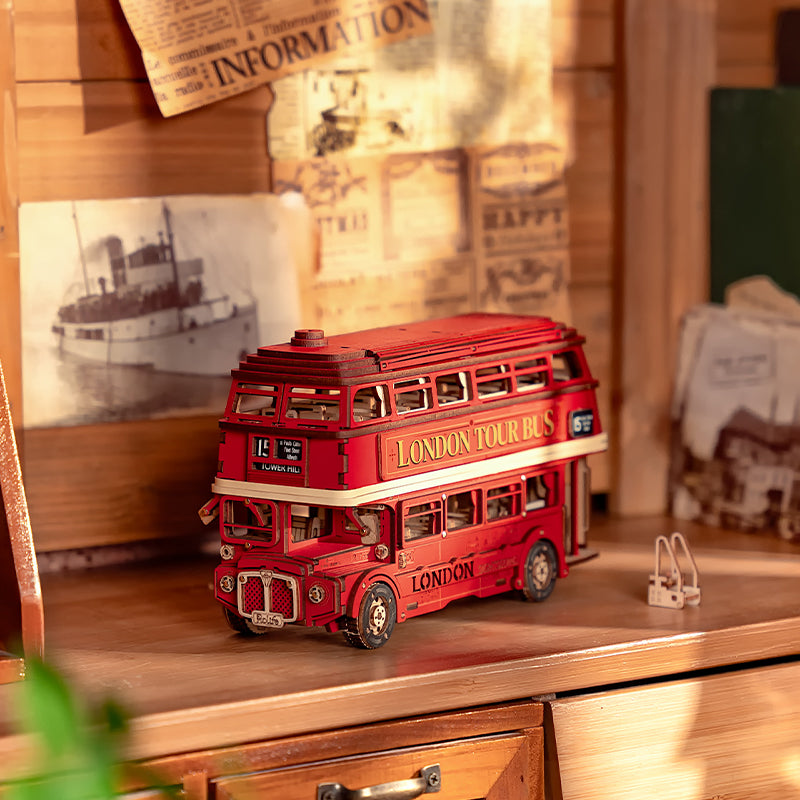 Robotime Rolife London Tour Bus DIY Miniature Kit — front angle