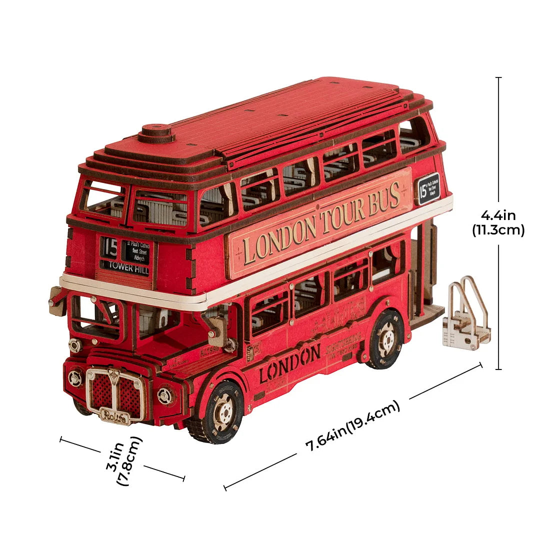 Robotime Rolife London Tour Bus DIY Miniature Kit — box and pieces